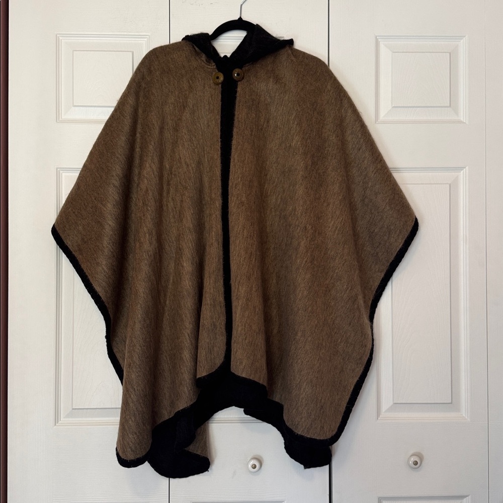 Handmade Sustainable Alpaca blend Brown & Black Reversible Warm Hooded Poncho OS